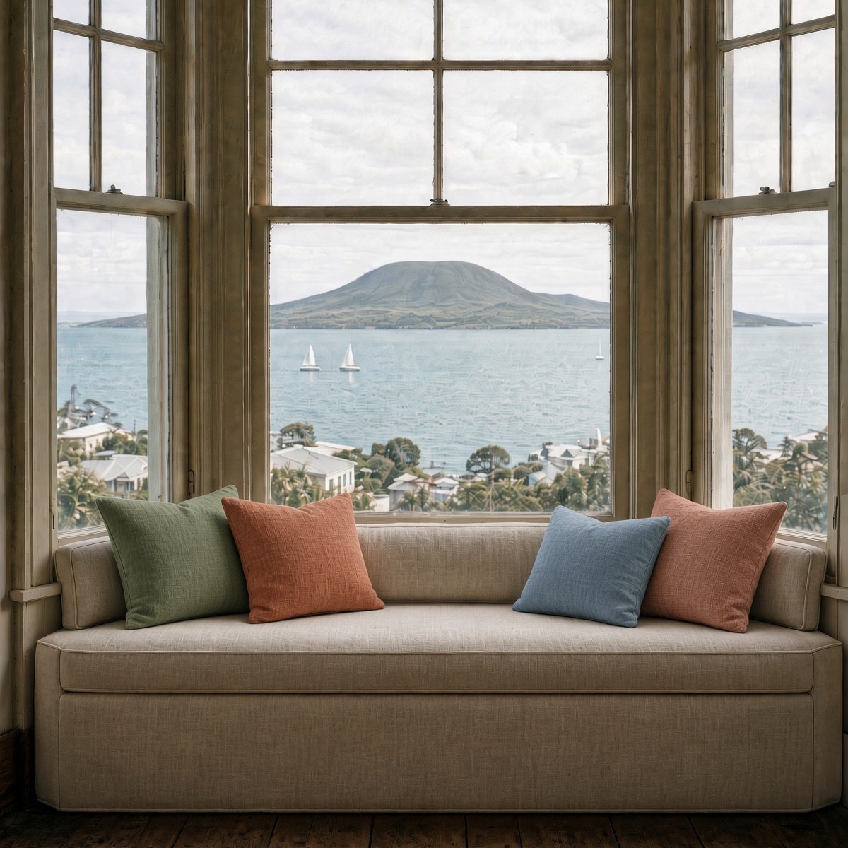 An upholstered bay-window seat with green, rust and blue scatter cushions, looking out to Rangitoto.