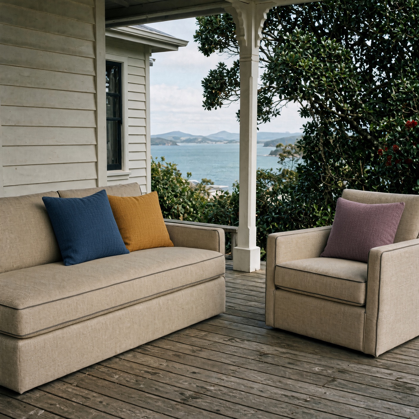 A sandy outdoor sofa and armchair with navy, mustard and plum scatter cushions on a villa verandah.